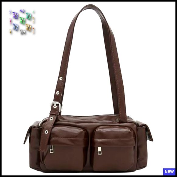 Glossy Faux Leather Shoulder Bag Multi Pocket Baguette Style Adjustable Strap - Picture 3 of 6